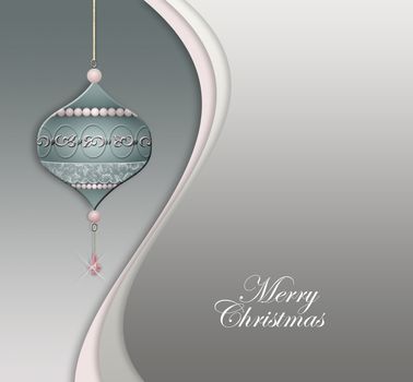 Luxury hanging Christmas bauble decorated with jewelry pink pearls on pastel green grey background. White text Merry Christmas. Place for text. 3D illustration