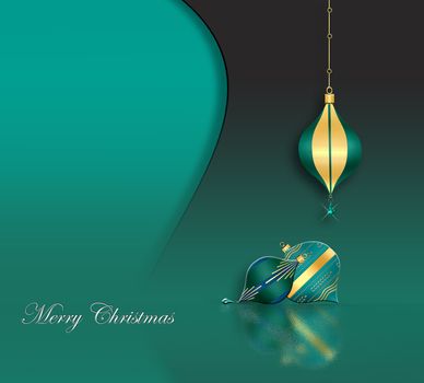 Elegant Christmas 2021 New Year background with hanging turquoise green baubles with gold ornament on green background. Text Merry Christmas. Copy space, mock up. 3D illustration