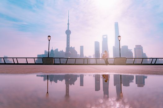 morning view at the bund, huangpu riverside, shanghai city view background