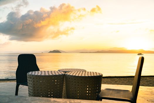 Beautiful beach. Chairs on the  beach font near the sea. Summer holiday and vacation concept