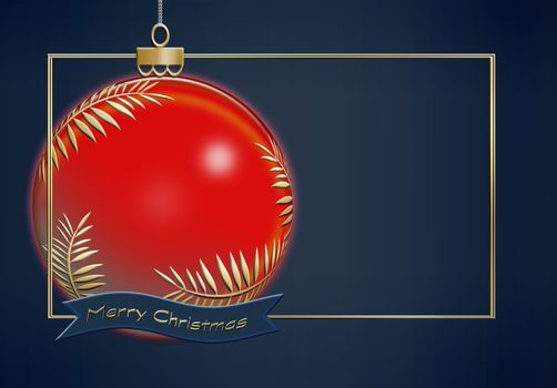 Hanging red Christmas ball made of gold leaves on blue background with gold frame. Minimalist greeting 2021 New Year card. Text Merry Christmas. 3D illustration