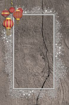 Christmas 2021 New Year grunge wooden background with silver border of snowflakes and hanging red Christmas balls with gold ornament. Mock up, place for text, menu. Vertical. Flat lay. 3D illustration