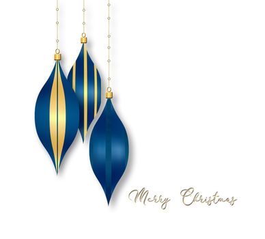 Elegant Christmas 2021 New Year background with hanging blue balls with gold ornament on white background. Copy space. 3D illustration