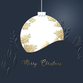 White Christmas ball made of gold leaves on blue background. Minimalist card. Text Merry Christmas. 3D illustration