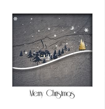 Christmas 2021 New Year winter landscape on old wood texture background. Design, poster. 3D Illustration