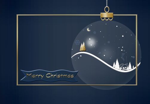 Hanging Christmas ball made of winter night landscape with snowflakes, houses, firs, gold Christmas tree on dark blue background. Greeting 2021 New Year card. Text Merry Christmas. 3D illustration