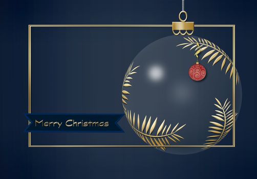 Hanging Christmas ball made of gold leaves with red lantern with gold ornament on dark blue background. Minimalist greeting 2021 New Year card. Text Merry Christmas. 3D illustration