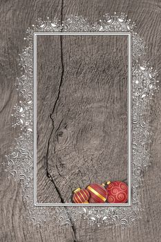 Christmas 2021 New Year grunge wooden background with silver border of snowflakes and red Christmas balls with gold ornament. Mock up, place for text, menu. Vertical. Flat lay. 3D illustration