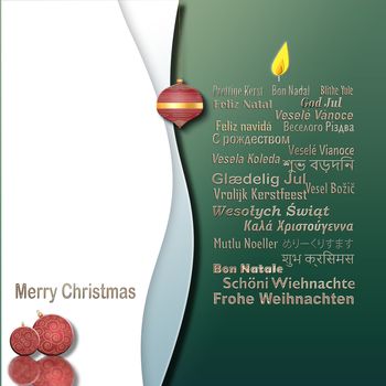 Words Merry Christmas in Different European, Eastern European, Hindi, Bengali, Indian, Japanese Languages forming candle, red balls on white green background. Place for text, mockup.3D illustration