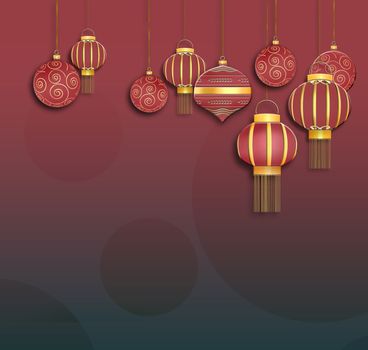 Christmas 2021 New Year Background with hanging red balls and lanterns with gold ornament on red background. Place for text. 3D illustration