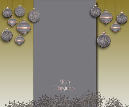 Elegant minimalist Christmas 2021 New Year background. Hanging pastel grey decorative bauble with gold decor on brown green background. Text Merry Christmas. Place for text. 3D illustration