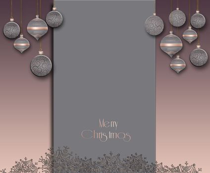Elegant trendy Christmas background with grey pink balls with gold ornament on pastel grey background. Text Merry Christmas. Copy space, mock up, place for text. 3D illustration