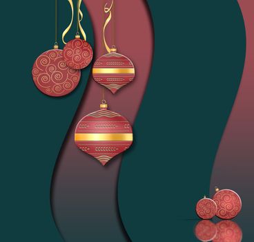 Luxury Christmas and 2021 New Year balls background in Chinese style. Hanging red baubles with gold decor on black green red background. Text Happy New year. 3D illustration