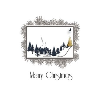 Beautiful Christmas winter silhouett of landscape with Christmas trees on white background, snowflake sparkling gold border. Design, poster. 3D Illustration