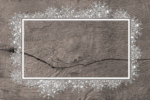 Christmas 2021 New Year wooden background with snowflakes border frame. Mock up, place for text. 3D illustration
