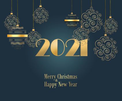 Dramatic Christmas background with hanging gold balls and gold digit 2021 on black background. Text Merry Christmas Happy New Year. Copy space. 3D illustration