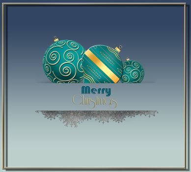 Beautiful Christmas 2021 New Year card card with turquoise blue green balls with gold ornament, snowflakes border in paper stripe on pastel blue background. Text Merry Christmas. 3D illustration