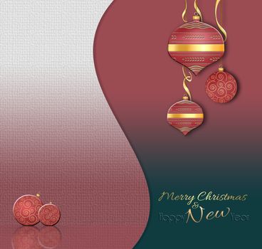 Luxury Christmas and 2021 New Year balls background in Chinese style. Hanging red baubles with gold decor on black red pink background. Text Happy New year. 3D illustration