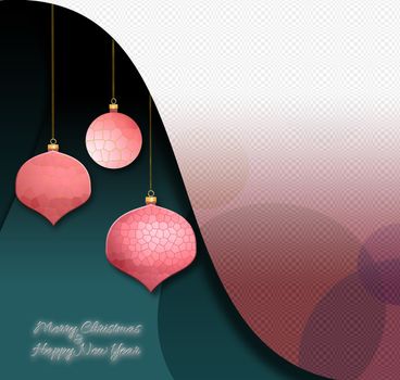 Christmas flyer in modern geometric futuristic style in green pink white colours. Neon text Merry Christmas Happy New Year. Mock up 3D illustration