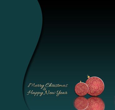 Dramatic luxury Christmas and 2021 New Year balls background with reflection. Red baubles with gold decor on black green background. Gold text Merry Christmas Happy New year. 3D illustration