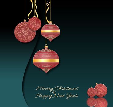 Luxury Christmas and 2021 New Year balls lanterns background in Chinese style. Hanging red baubles with gold decor on black green background. Text Merry Christmas. Happy New year. 3D illustration
