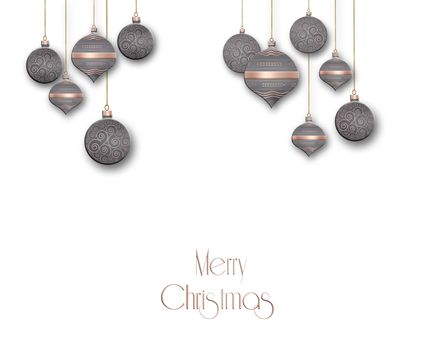 Elegant Christmas background with brown pink balls with gold ornament on white background. Text Merry Christmas. Copy space, place for text. 3D illustration