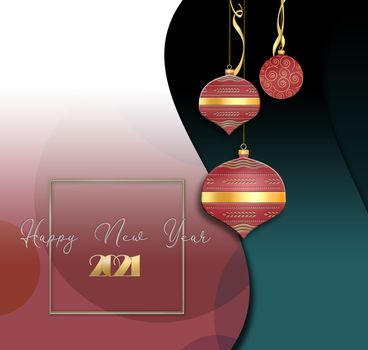 Christmas 2021 New Year decor with chinese style red balls lanterns, text Happy New Year and gold digit 2021 on green red background. 3D illustration