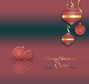 Christmas and New Year balls background. Hanging red decorative bauble with gold decor on red black background. Text Merry Christmas Happy New year. 3D illustration