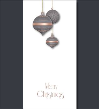 Elegant Christmas background with grey pink balls with gold ornament on white background. Text Merry Christmas. Copy space, mock up, place for text. 3D illustration
