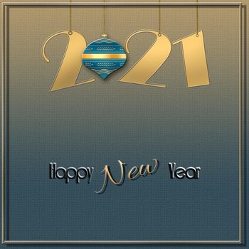 Minimalist Happy New 2021 Year design with hanging gold 2021 digit, green ball on shiny gold green background. Text Happy New Year. 3D illustration