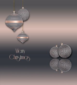 Christmas and New Year balls background. Hanging pastel grey pink decorative bauble with gold decor on metallic background. Text Merry Christmas. 3D illustration