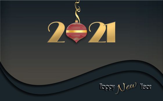 2021 New Year card with shining gold digit 2021, red ball and text Happy New Year on dark black dramatic background. 3D Illustration