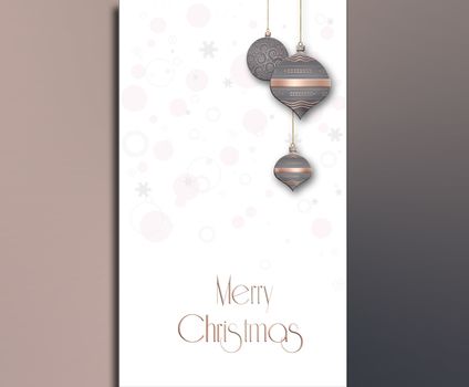 Elegant minimalist Christmas New Year background. Hanging pastel grey pink decorative bauble with gold decor on metallic background. Text Merry Christmas. 3D illustration