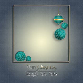 Elegant Christmas background with hanging turquoise blue balls with gold ornament on pastel green background. Copy space, mock up. 3D illustration