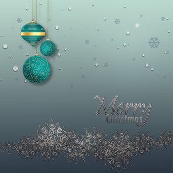Christmas and Happy New Year Background with silver border of snowflakes, blue turquoise balls on pastel green metallic background. Text Merry Christmas. 3D illustration
