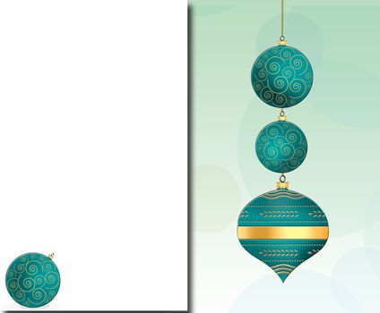 Elegant Christmas background with hanging turquoise blue balls with gold ornament on pastel green background. Copy space, mock up. 3D illustration