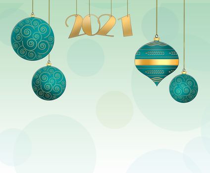 Christmas background with hanging turquoise blue balls with gold ornament and hanging gold digit 2021 on pastel green background. Copy space. 3D illustration