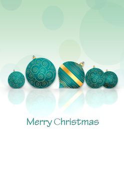 Christmas New Year background with turquoise blue balls with gold ornament on reflection on pastel green background. Text Merry Christmas. Copy space. 3D illustration