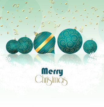 Christmas New Year background with turquoise blue balls with gold ornament and gold confetti on pastel green background. Copy space. 3D illustration