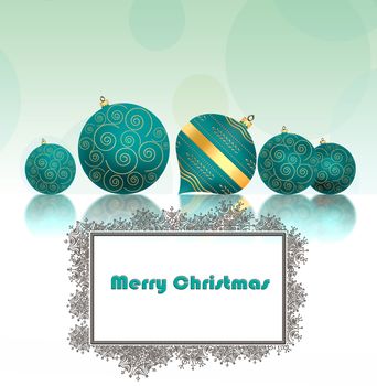 Christmas background with turquoise blue balls with gold ornament and snowflakes border on pastel green background. Copy space, mock up. 3D illustration