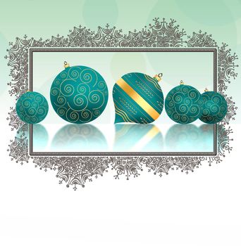 Christmas background with turquoise blue balls with gold ornament with reflection and snowflakes border on pastel green background. Copy space, mock up. 3D illustration