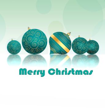 Christmas background with turquoise blue balls with gold ornament on reflection on pastel green background. Copy space, 3D illustration