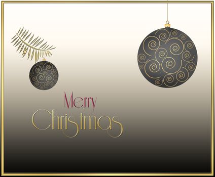 Christmas balls with gold ornament on pastel brown background. Text Merry Christmas. 3D Illustration.