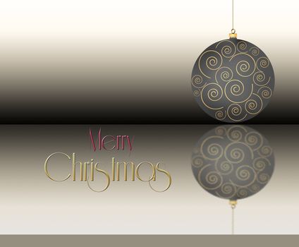 Christmas ball with gold ornament on pastel brown background with text Merry Christmas. 3D Illustration.