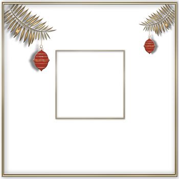 Christmas or 2021 New Year mock up background. Minimalistic style made of gold frame and hanging red balls. 3D illustration