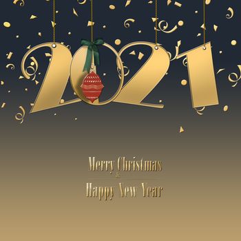 Minimalist Happy New 2021 Year design with hanging gold 2021 digit, red ball with green bow and confetti on shiny gold black magic background. Text Merry Christmas Happy New Year. 3D illustration