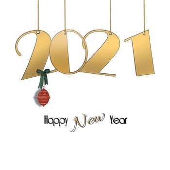 Minimalist Happy New 2021 Year design with hanging gold 2021 digit, hanging red ball on white background. Text Happy New Year. Copy space, 3D illustration
