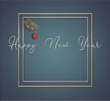 Pastel blue winter design. Red hanging ball, text Happy New Year. Minimalist background for 2021 New Year. Christmas flyer, poster, sign, banner, web, header. 3D illustration