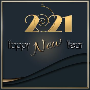 Luxury Happy New 2021 Year design with hanging gold 2021 digit on black background and text Happy New Year. Winter holidays graphic, web design, business card, calendar. Copy space. 3D illustration