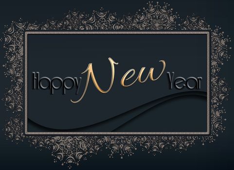 2021 Happy New Year banner. Luxury design of sparkling text Happy New Year on glitter gold black background with gold snoflake frame. Horizontal poster, greeting card, header, website. 3D illustration